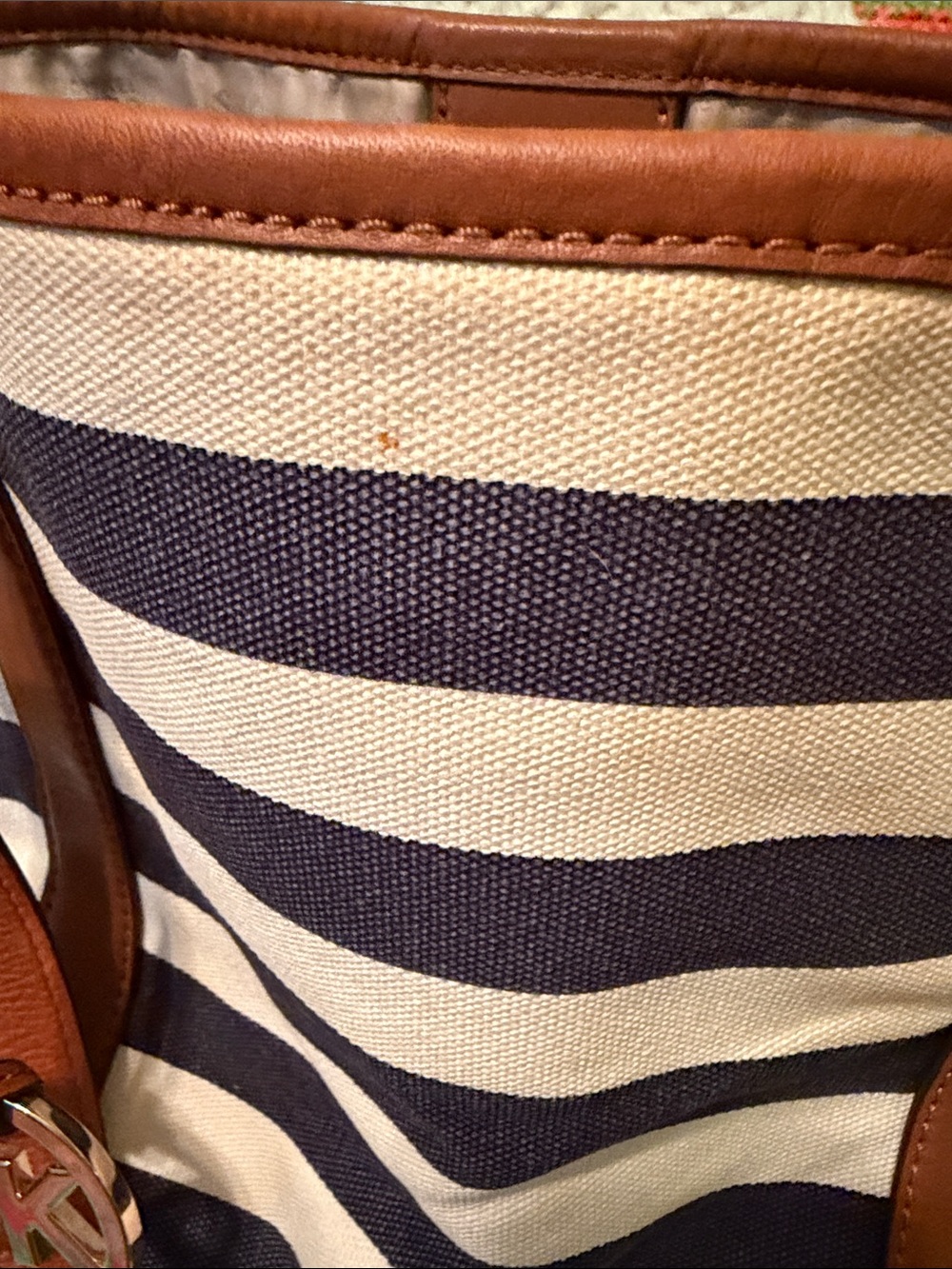 Michael Kors Navy and White Striped Tote with Brown Trim - Picture 6 of 8